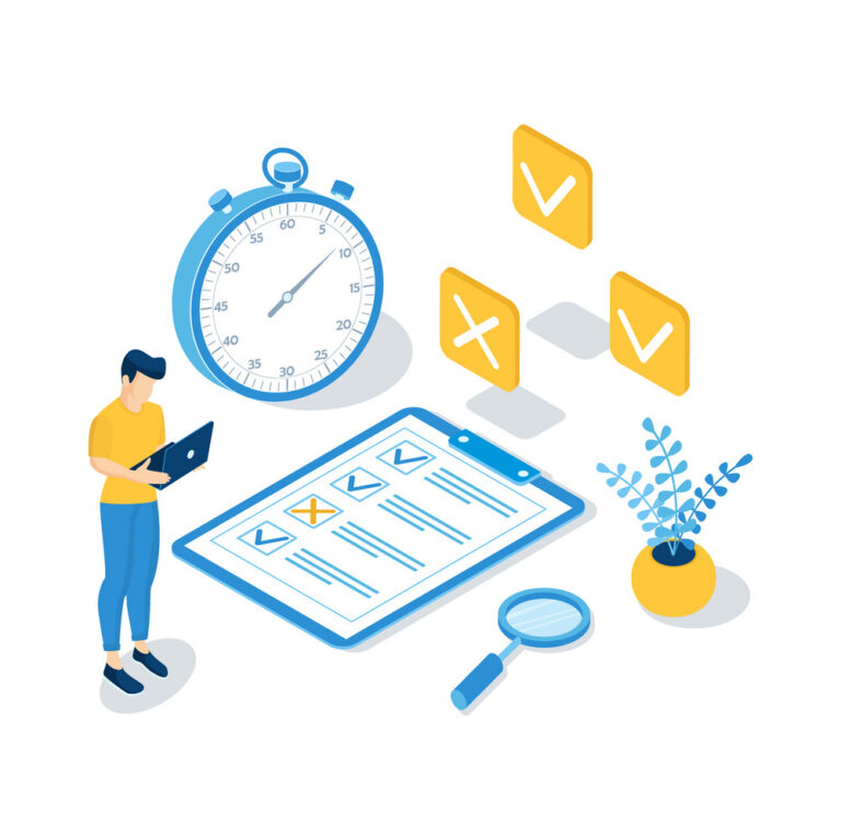 Concept of online exam, online testing, questionnaire form, online education, survey, internet quiz. Isometric vector illustration